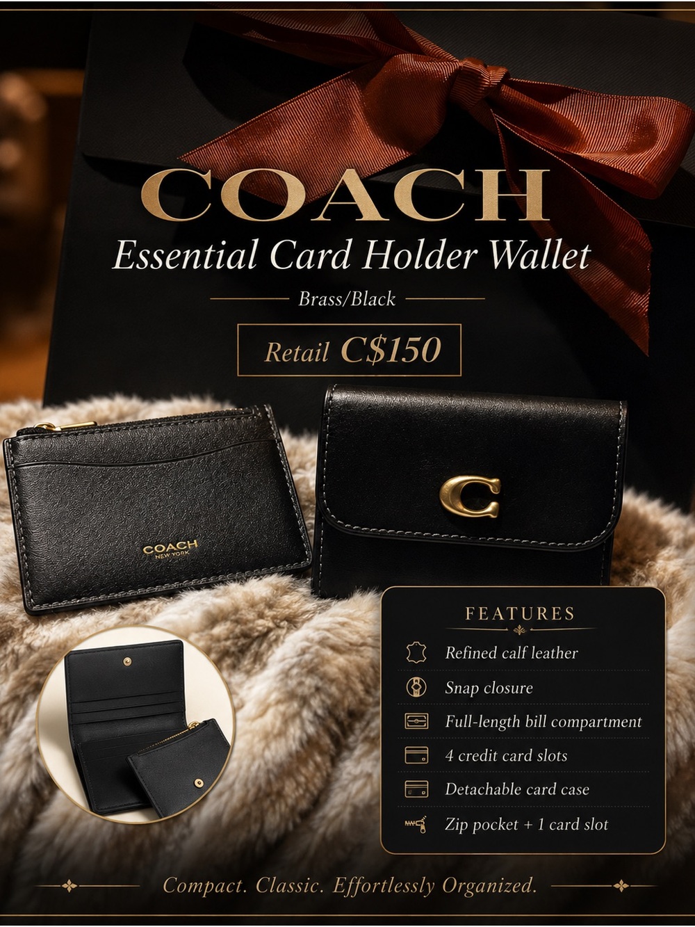 Coach Essential Card Holder Wallet Black Brass CZ111